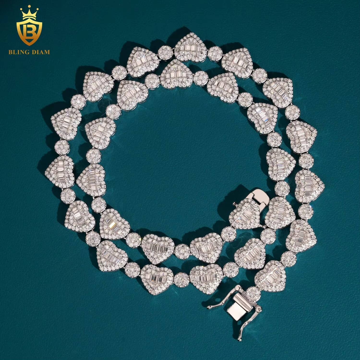 Fine Jewelry Necklace and Bracelet Bangle Set 925 Sterling Silver 85mm Vvs Moissanite Love Heart Tennis Chain