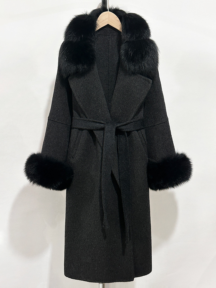 Fox fur collar double-sided wool sheep coat women's autumn and winter new long high-end woolen coat long coat women wool coat women designer