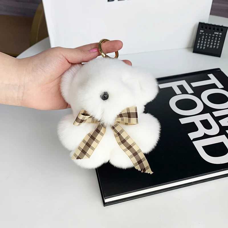 Cute Little Brown Bear Real Rex Rabbit Fur Keychain Ladies Car Bag Pendant Fashion Accessories Fluffy Key Ring Girl BagXJ250928