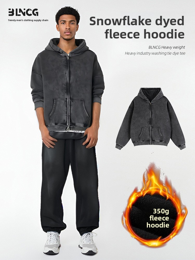 BLNCG Streetwear Winter Heavyweight Fleece-Lined Washed Hoodie - American Retro, Plus Size Zip-Up Jacket for Men & Couples-KFMLW-03