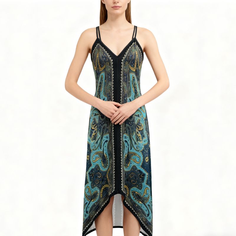 Women's Spring Summer Boho Plant Print Spaghetti Strap Maxi Dress Vacation Style Long Dress-CF50865