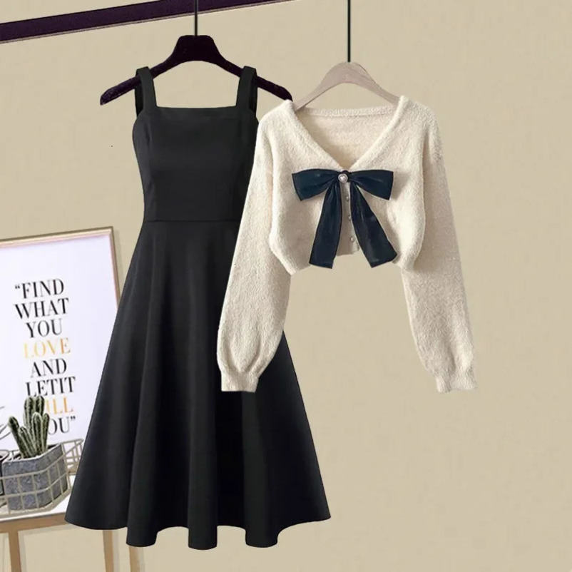 AutumnWinter Womens Matching Set Fashion Knitted Sweater Strap Skirt Two Piece Korean Elegant Pullover Dress Suit 240226wtt