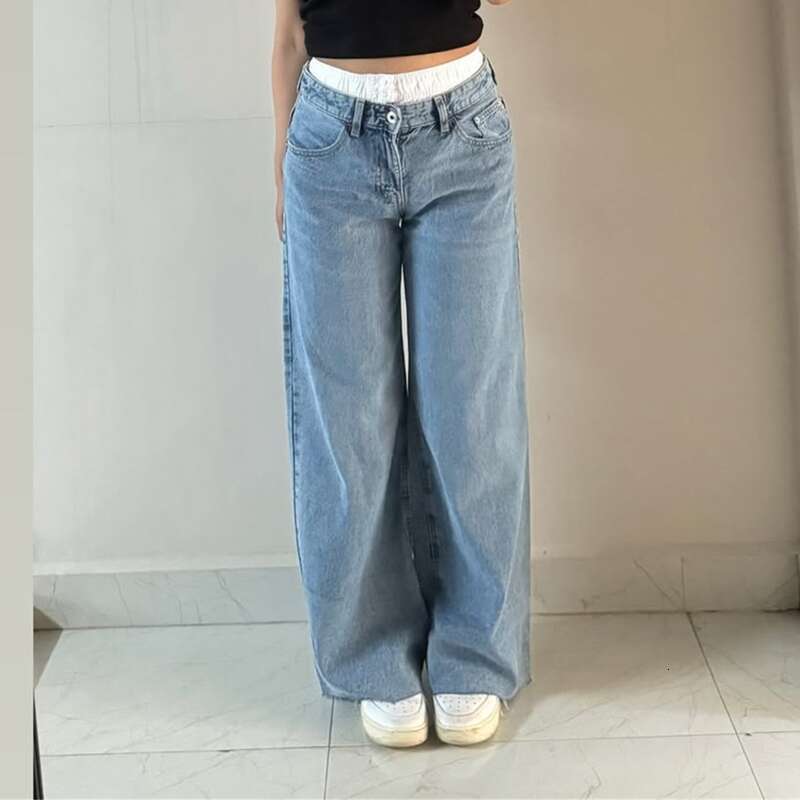 Women's Clothing Retro High Waist Non Elastic Washed Straight Fashion Contrast Color Wide Leg Jeans