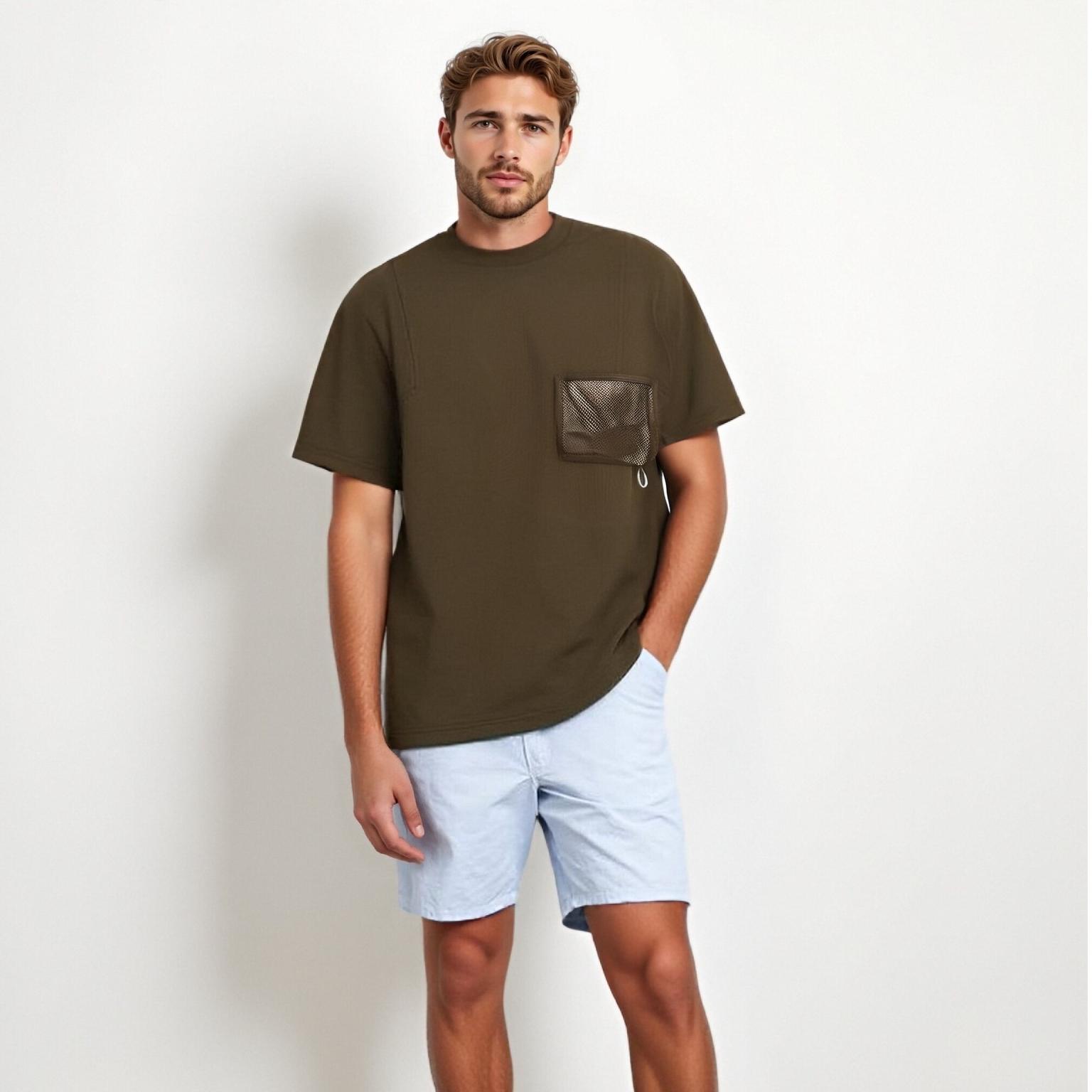 Men's Retro Pocket Outdoor Quick-Dry Functional Sports Round-Neck Leisure Short-Sleeve T-Shirt, Pattern Can be Customized-01010