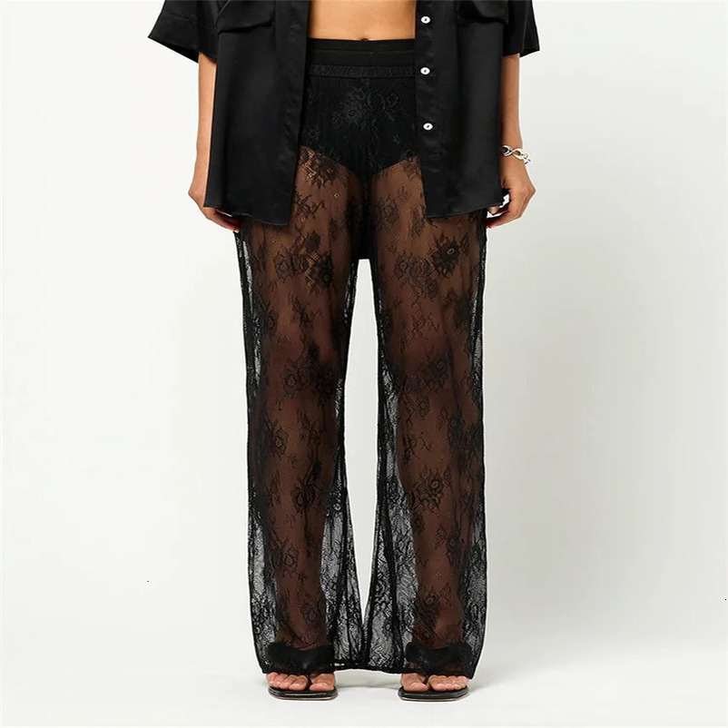 Womens Lace Pants Flower See Through Elastic Waist Straight Leg Long Trousers Casual for Beach Club 250306
