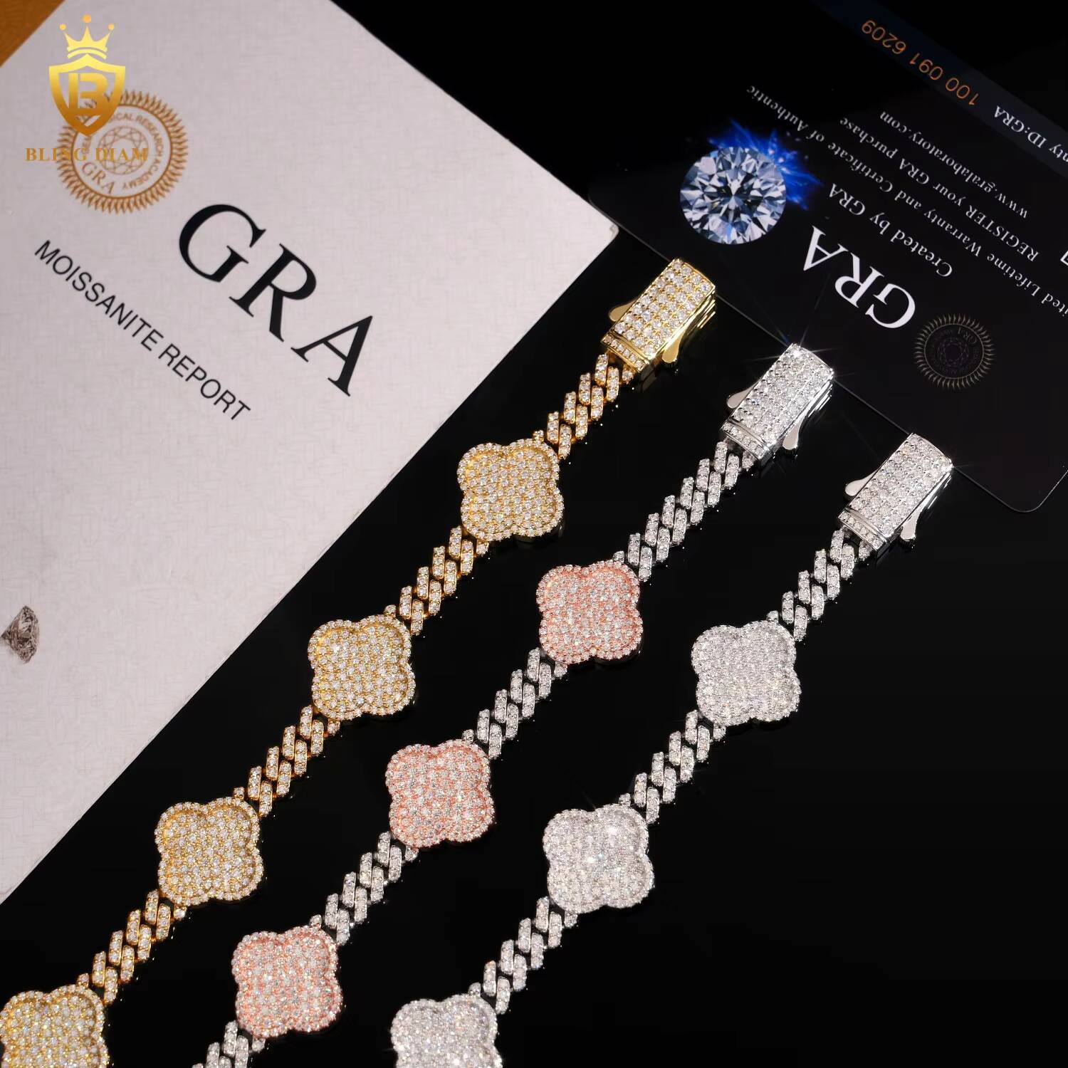 Luxury Charms Bangle Jewelry 6mm 925 Sterling Silver in Rose Gold Vvs Moissanite FourLeaf Clover Bracelets for Men Women