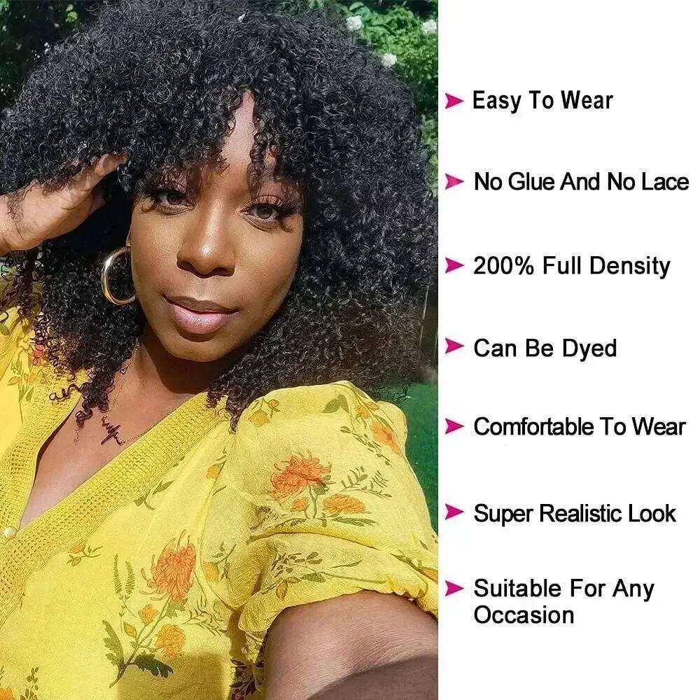 Kinky With Bangs 200% Density Brazilian Remy Human Hair Full Hine Made Short Afro Curly Wigs For Women Xiusiyuan2509