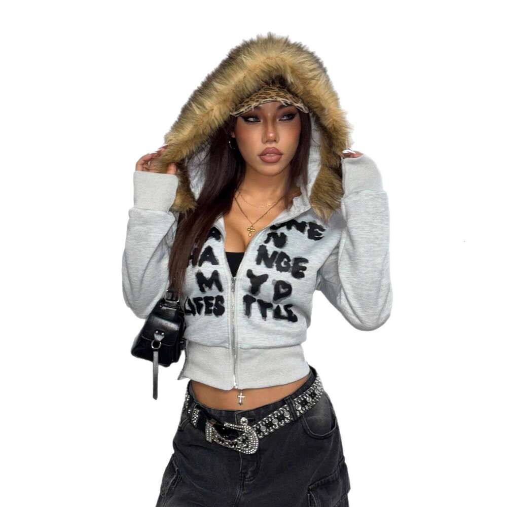 American Style Fur Collar Patchwork Cardigan Sweatshirt Casual Zipper Waist Slimming Short Jacket Top