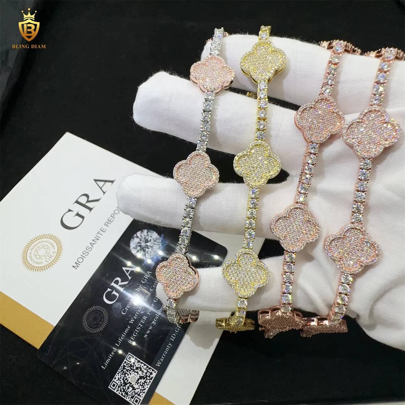 Sterling Silver 925 D Color VVS Miossanite Diamond GRA Certificated Hip Hop Fine Jewelry FourLeaf Clover Tennis Chain Bracelet