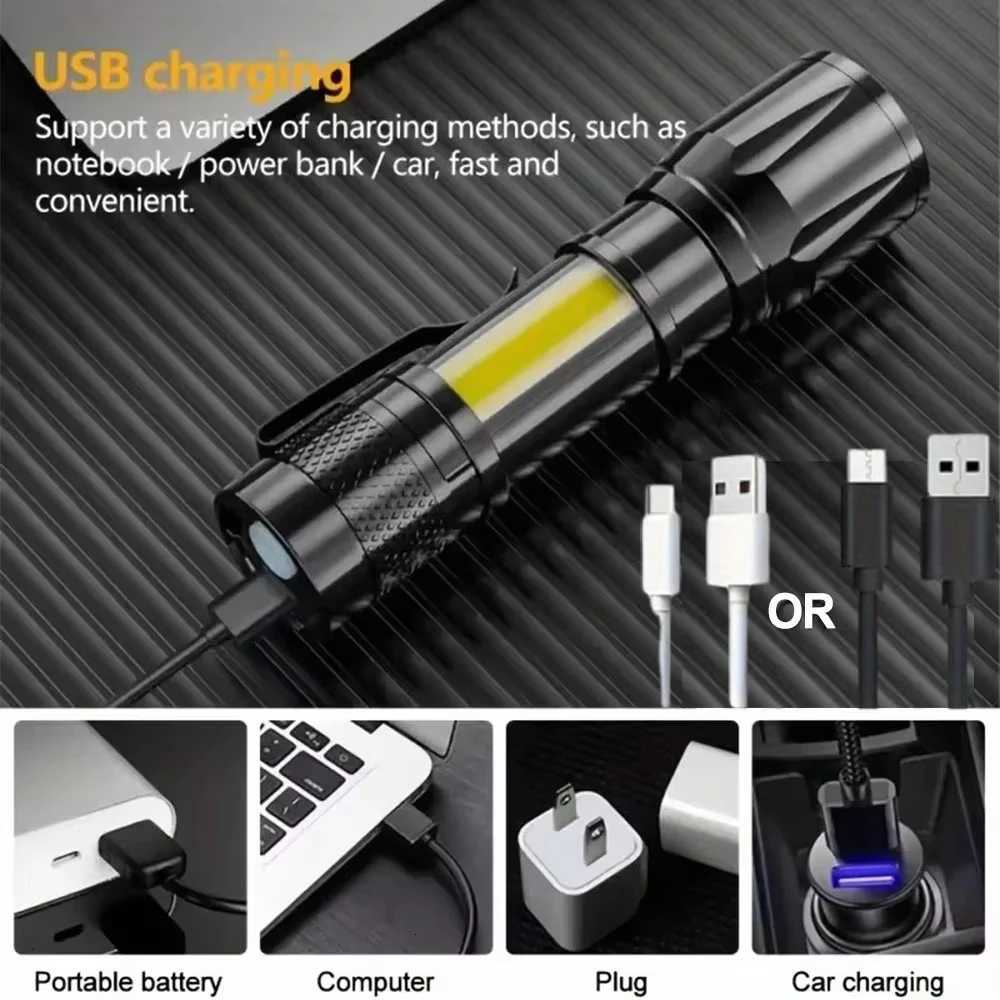Powerful Mini LED Flashlight COBtXPEZoom Torch Built In Battery USB Rechargeable With Pen Clip Outdoor Camping Emergency Lamp D250928
