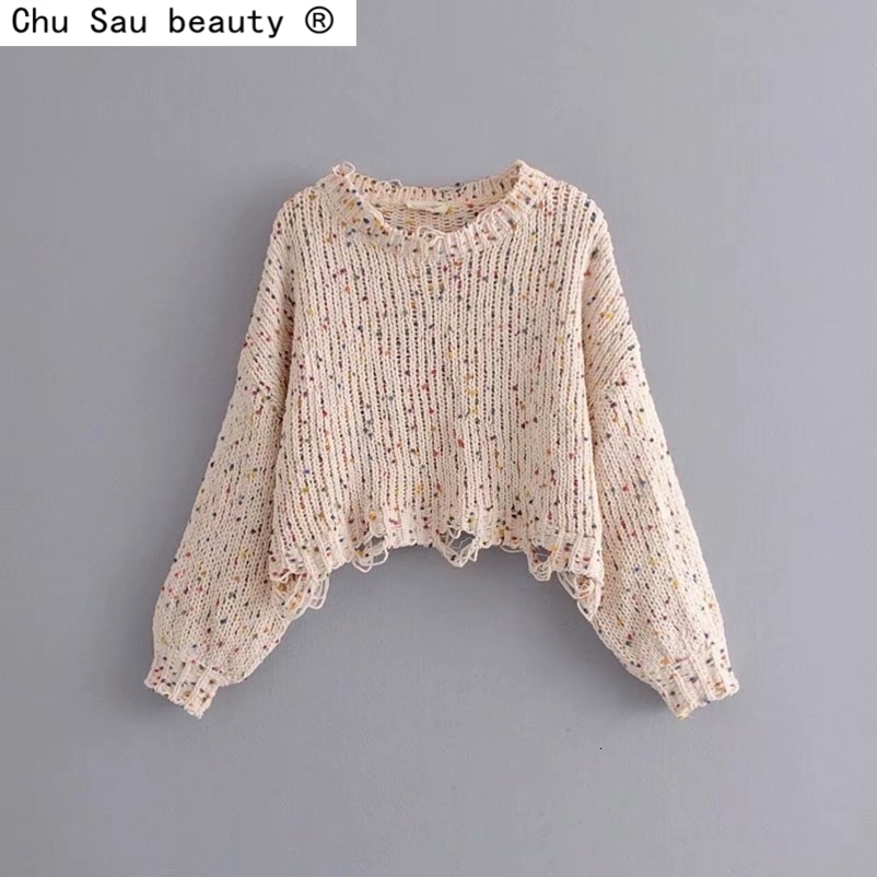 Irregular hollow polka-dot knitted sweater jumps short crop fall winter round neck loose oversized lantern sleeve pullovers tops 210508