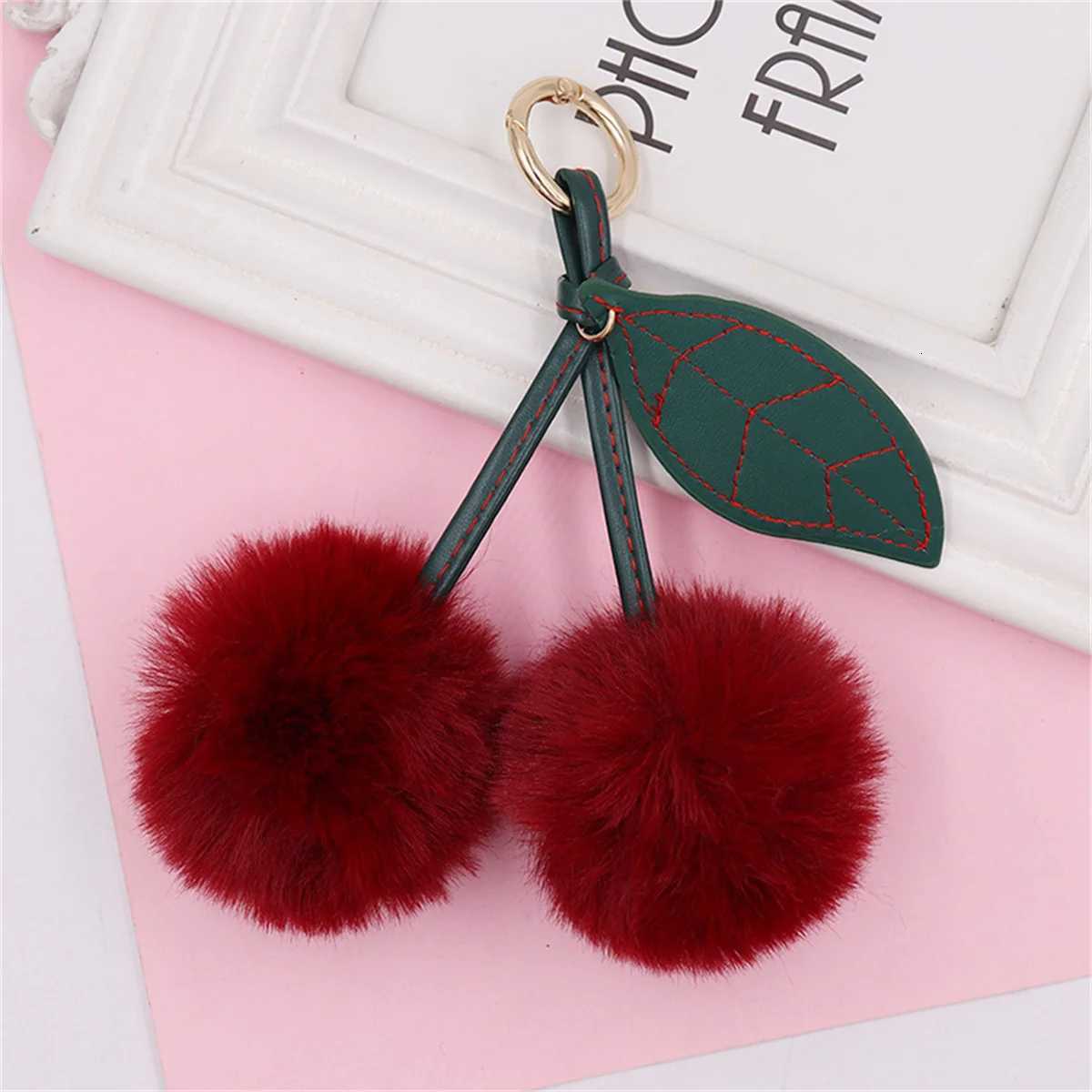 Cute Cherry Plush Toy Keychain New Kawaii Fluffy Cartoon Keychain Kid Gift Womens Bag Charm Pendant Backpack Car Key AccessoryXJ250928
