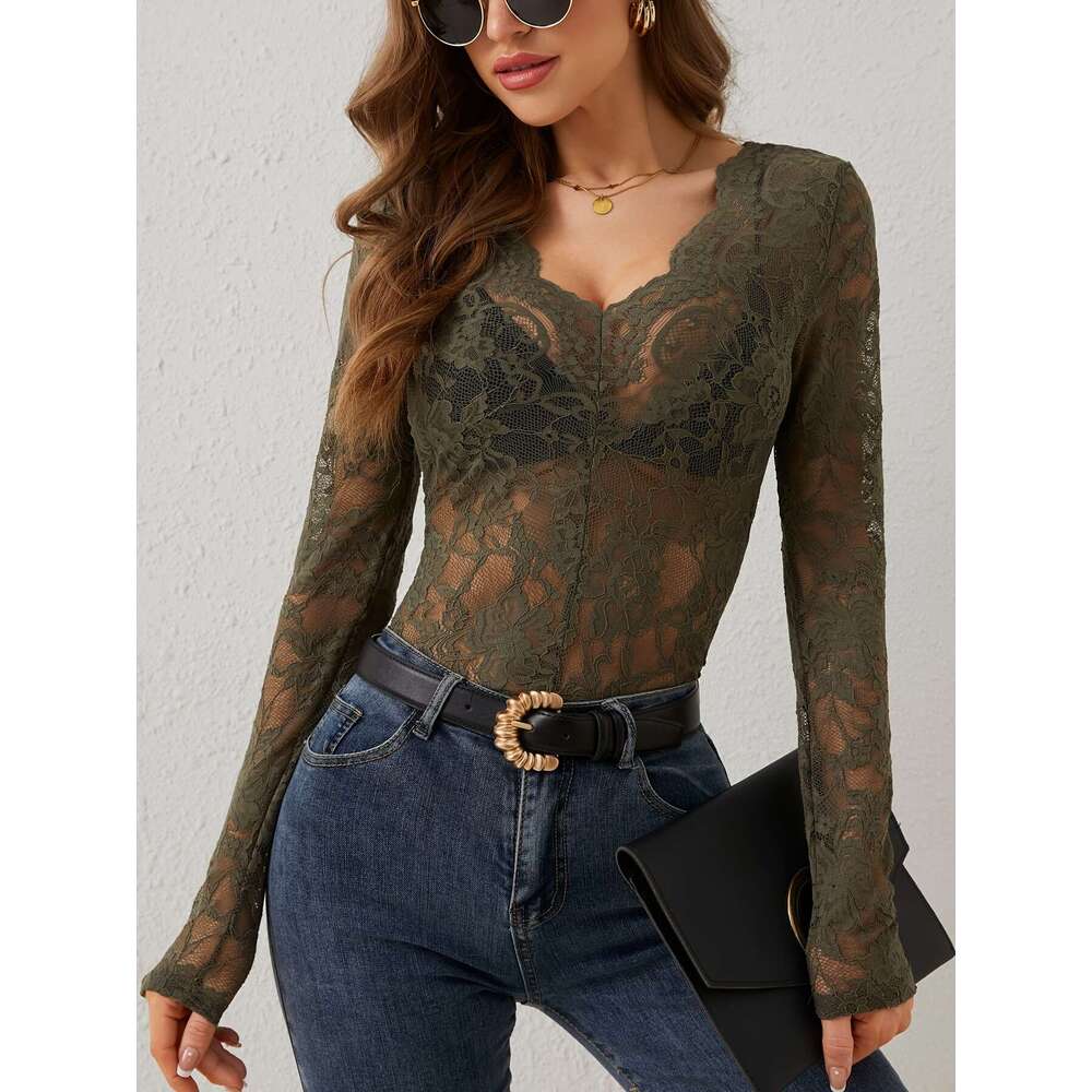2025 Autumn Winter New Sexy Single Layer Floral Lace Fan-shaped Decorative Base Shirt Top for Women