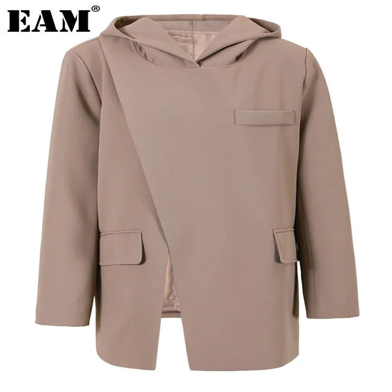 EAM Khaki Slit Irregular Big Size Blazer Women Hooded Long Sleeve Loose Fit Jacket Fashion Spring Autumn 1DH048204 250106