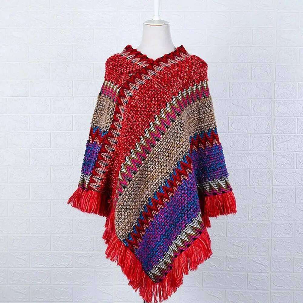 Fashion Mongolian Poncho Women's Ethnic Style Knitted Cape Pullover Tassel Shawl Coat Overlays Knitting Wraps
