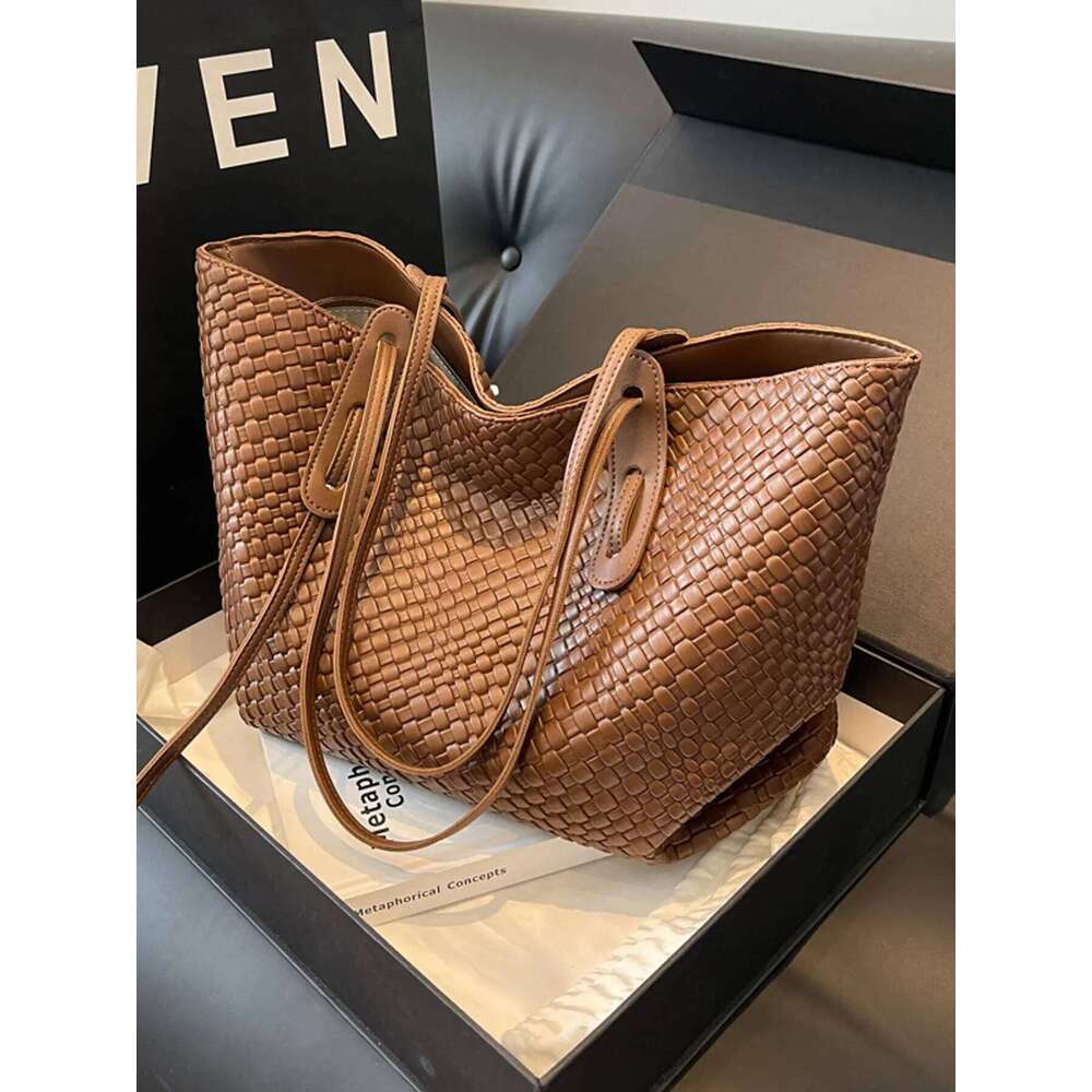 Retro Fashion Classic Solid Color Pu Woven Rhombic Lattice Design Double Handle Single Shoulder Large Capacity Tote Bag