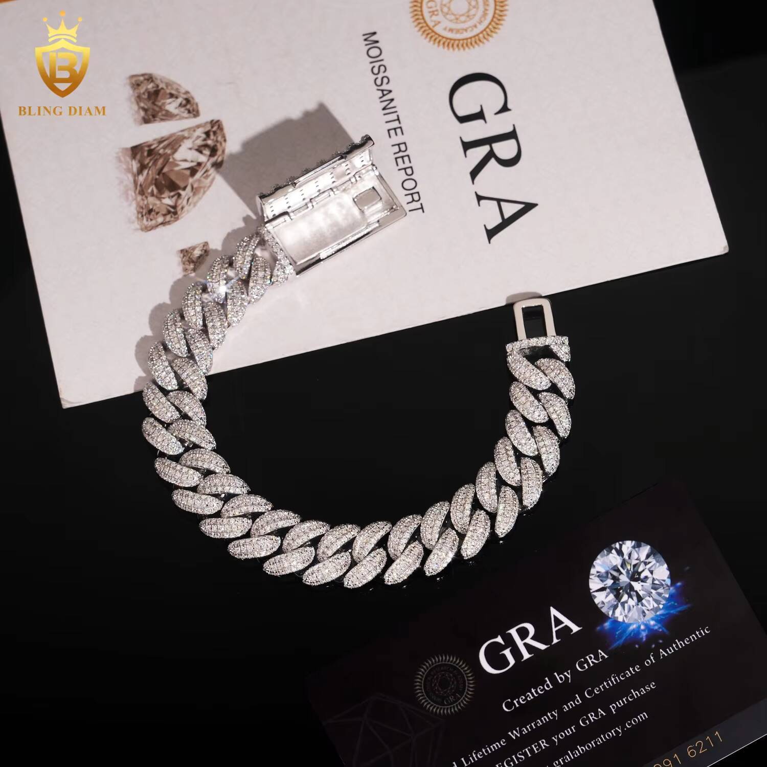 Rapper HipHop Style 925 Silver Chain 13mm Cuban Chain Bracelet Men Bracelet Pass Diamond Tester VVS Iced Out Moissanite with GRA