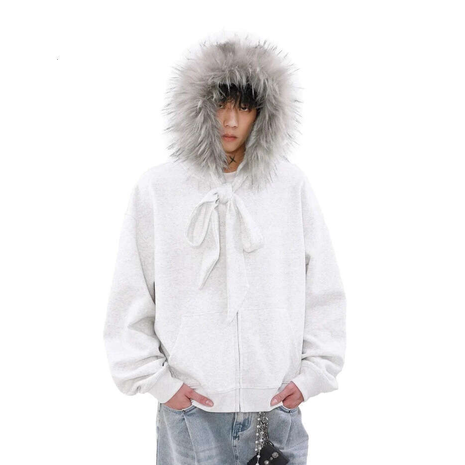 American Style Fur Collar Couple Hooded Zipper Lace-up Cardigan Sweatshirt Autumn Winter Warm Trendy Brand Design Jacket