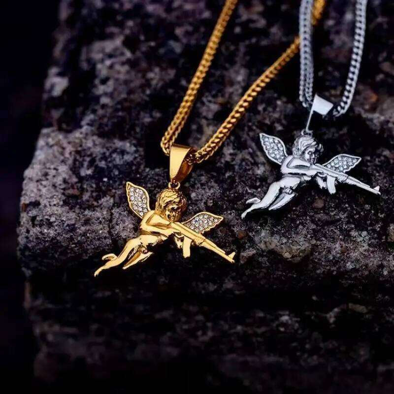 Revenge Angel Ak-47 Subhine Gun Pendant with Ice Crystal Zircon Necklace for Couples, Hip-Hop Rock Trend, Cool Jewelry Gift