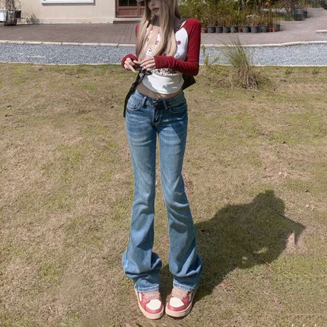 Women's Clothing Autumn Winter Retro Hot Girl Low Waist Flared Pants Simple And Versatile Slim Fit Stretch Jeans