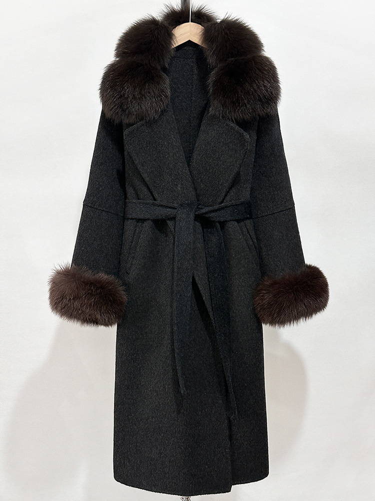 Fox fur collar double-sided wool sheep coat women's autumn and winter new long high-end woolen coat long coat women wool coat women designer