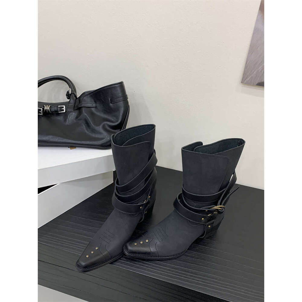2025 Western Cowboy for Pointed Toe Chunky Heel Belt Buckle Rivet Mid-Calf Martin Women Boots