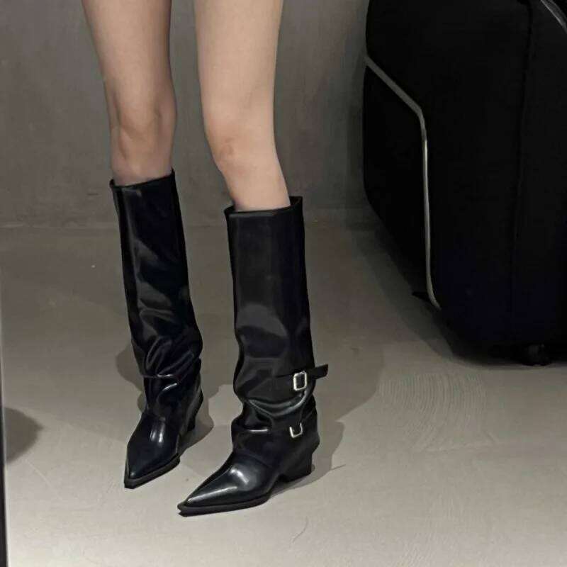 Designer Women's Spring Cosy Pointed Toe Woman Shoes Fashion Sexy Knee-High for Women Belt Buckle Thick Heel Boots