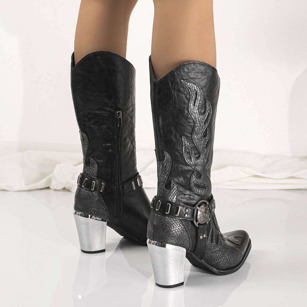 Western for Men Women, Animal Texture Flame Side Zipper Mid-Calf Boots with Thick High Heels and Pointed Toes