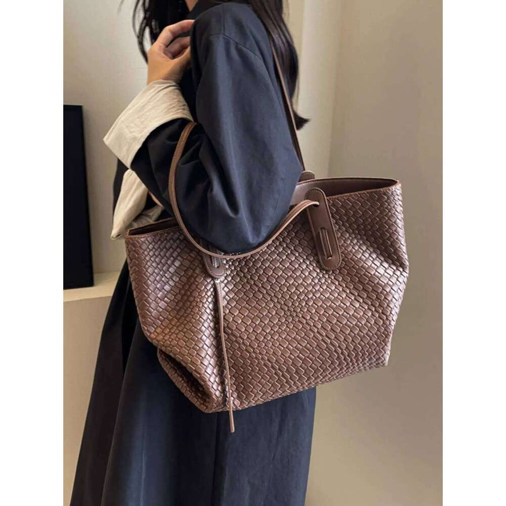 Retro Fashion Classic Solid Color Pu Woven Rhombic Lattice Design Double Handle Single Shoulder Large Capacity Tote Bag