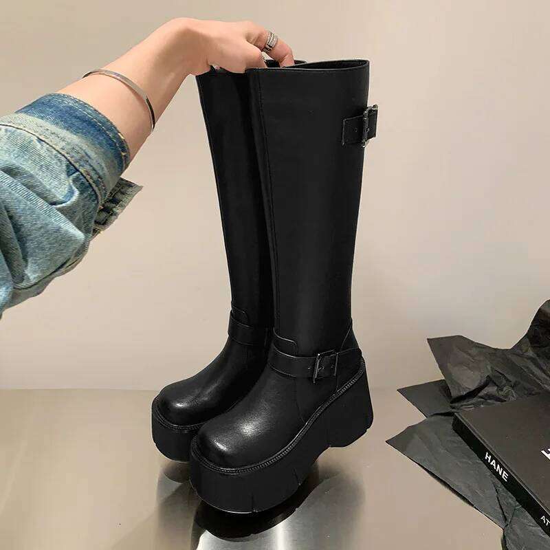 2024 Basic Women's Classics Knee-High Boots Women Belt Buckle Side Zip Round Toe Wedge Platform Shoes Ladies