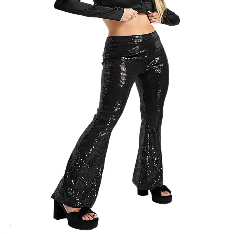 Women Sequin Pants Spring Autumn Flared High Waist Bodycon BellBottom Trousers 250106