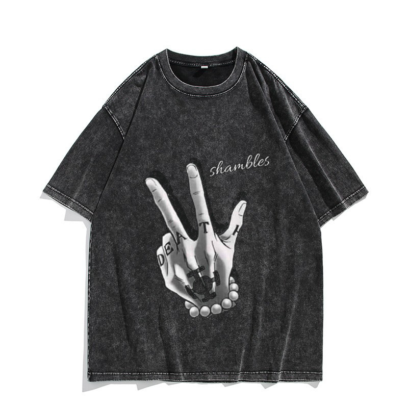 American-Style Washed Vintage Cotton T-Shirt Trafalgar Law ROOM Japanese Anime Print Washed Distressed Short-Sleeve T-Shirt - CJ7717