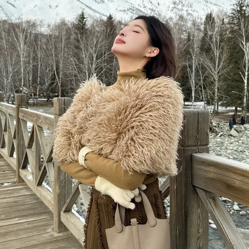 Fashion Long Cashmere Faux Fur Shoulder Shawl Women Party Dress Cape Autumn Winter Plush Scarf Short Wraps 250928