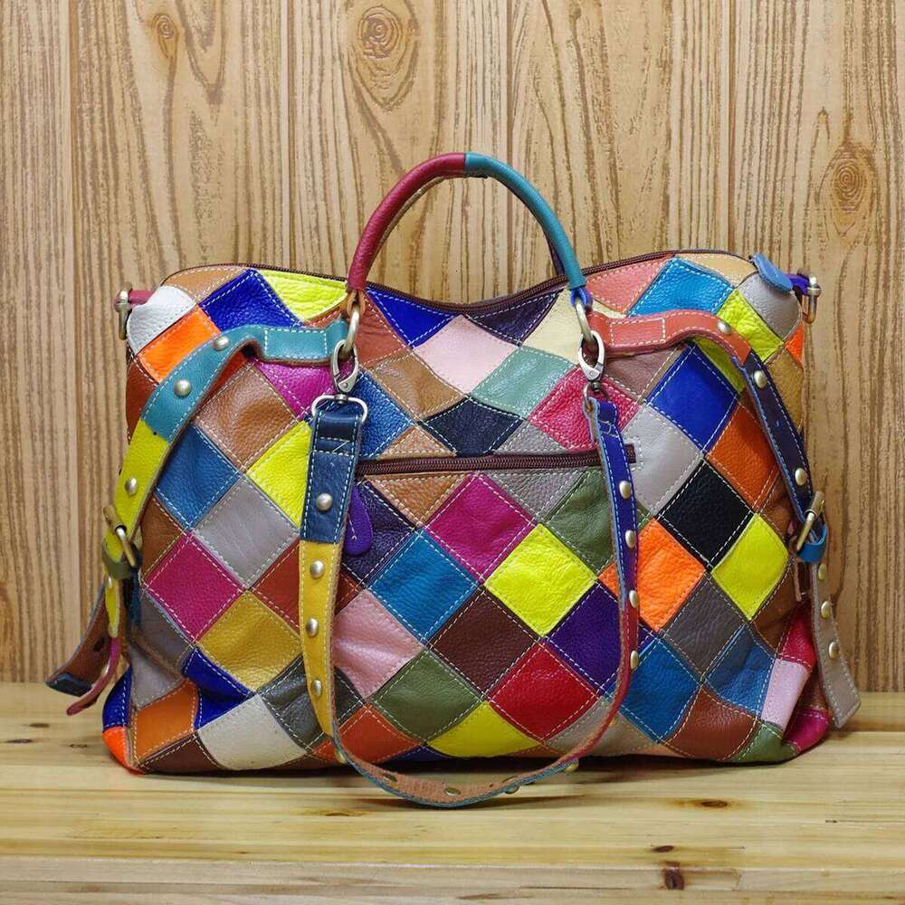 Leather cowhide random plaid color national style handbag shoulder crossbody Tote bag