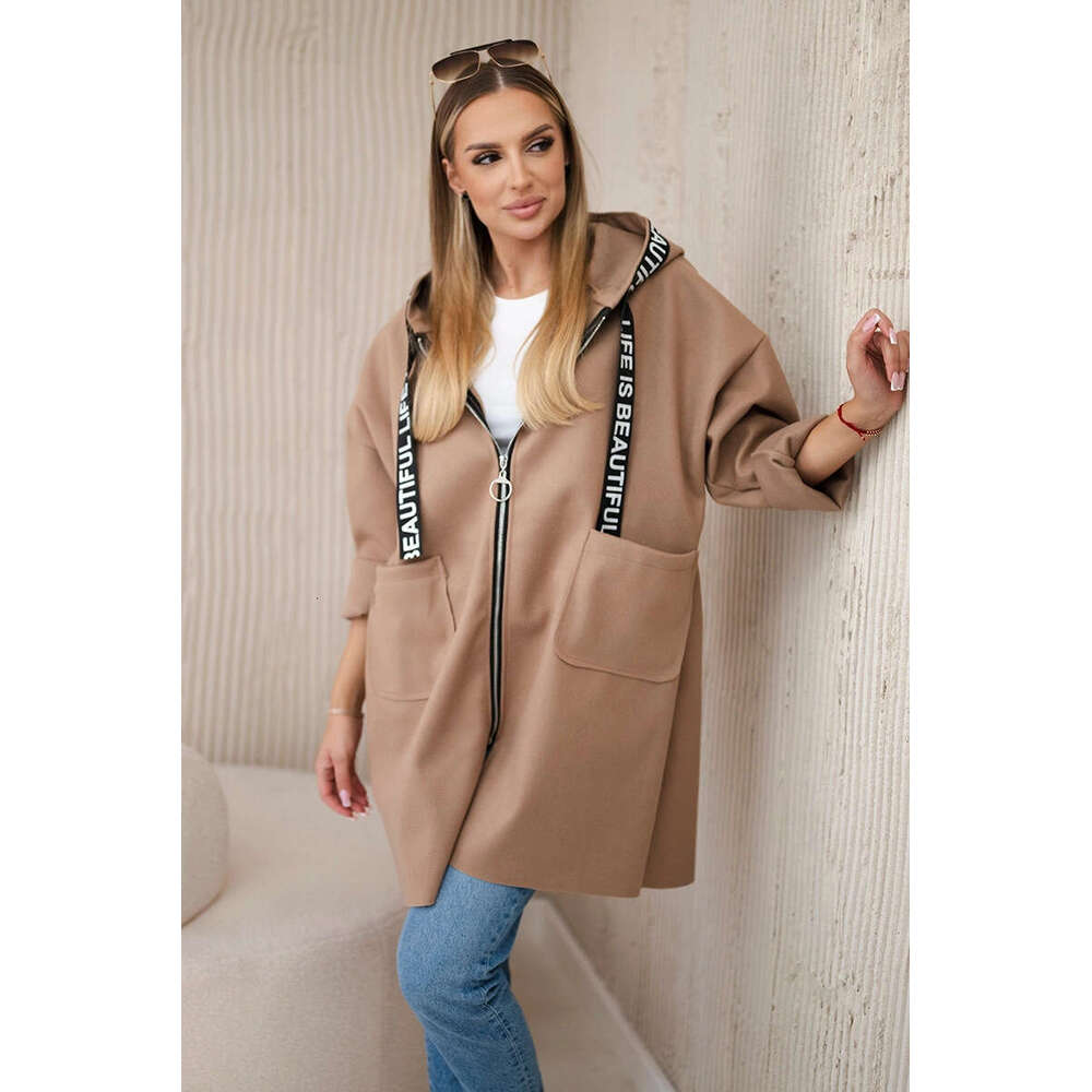 Autumn Winter New Hooded Sports Women's Plus Size Solid Color Casual Long Sleeve Zipper Woolen Coat