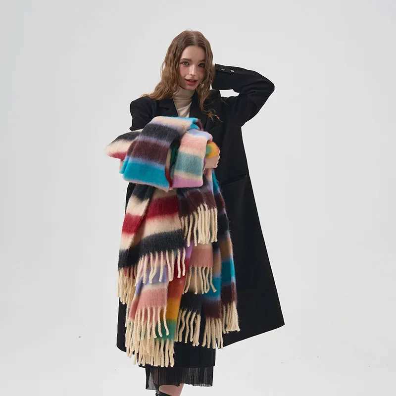 Tassel Scarf Colorful Rainbow Mohair Striped Fashion Couple Neckband Kawaii Winter Warm Thickened Cashmere Scarf Accessories L250928