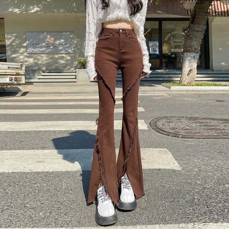 Coffee Colored Fringed Split Jeans for Women High Waisted ElasticTight Fit Slim Floor Length Pants 250106