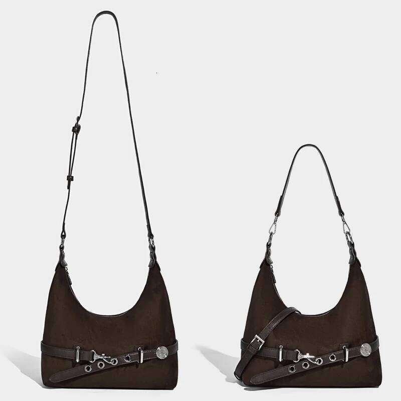 Vintage Faux Suede Hobos Bags For Women Designer Handbag And Purses 2025 New In PU Sequined Belt Buckle Underarm Shoulder