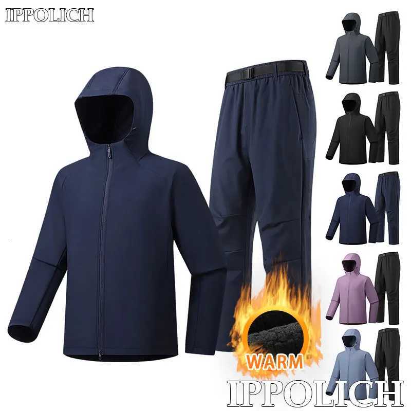 Unisex Autumn Thin Fleece Casual Sports Suit Waterproof Windproof Warm Hooded Coat Trouser Two Piece Running Fitness Sports Set W250928