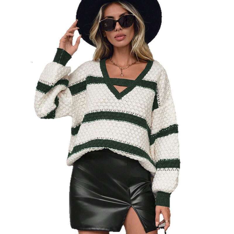 Autumn Winter New Sweater for Women Loose Knitted Patchwork Color Block V-Neck Lantern Sleeve Pullover Versatile Top