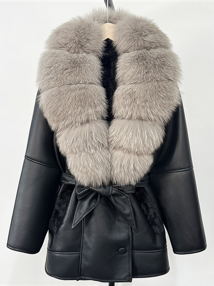 Womens Fur Collar Leather Jacket - European & American Designer Style with High-Waist Cinch