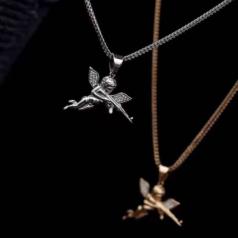 Revenge Angel Ak-47 Subhine Gun Pendant with Ice Crystal Zircon Necklace for Couples, Hip-Hop Rock Trend, Cool Jewelry Gift
