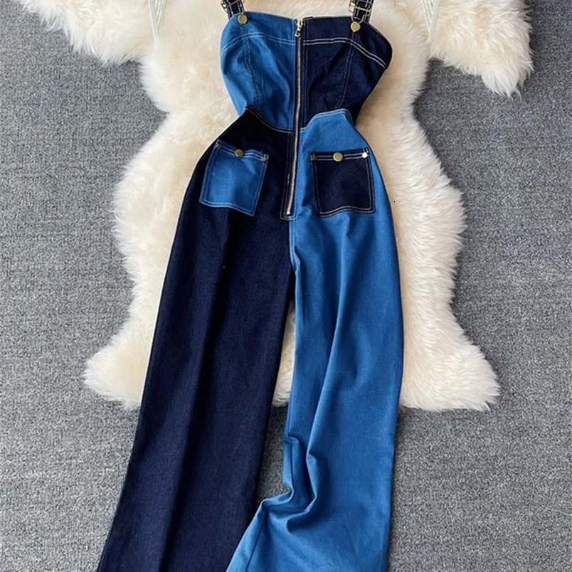 Summer womens Denim suspenders Jeans Blue Straight wide legs street style loose high waist denim Jumpsuit womenLTKBlue1 240409