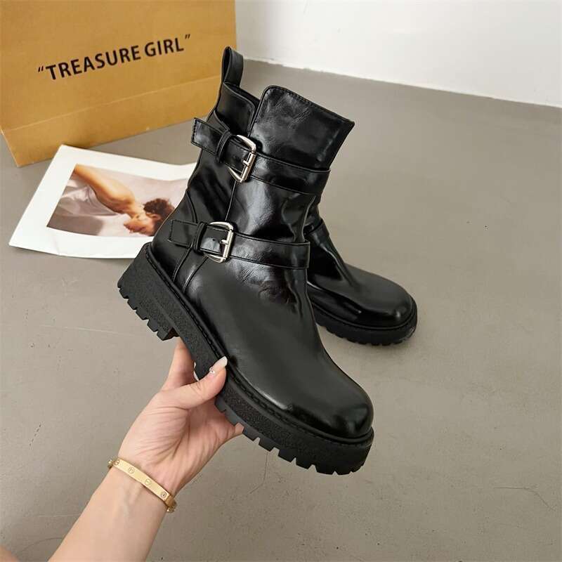 2025 Autumn Winter New Round Toe Chunky Heel Martin Thick Sole Motorcycle Short Belt Buckle Knight Long Boots Women