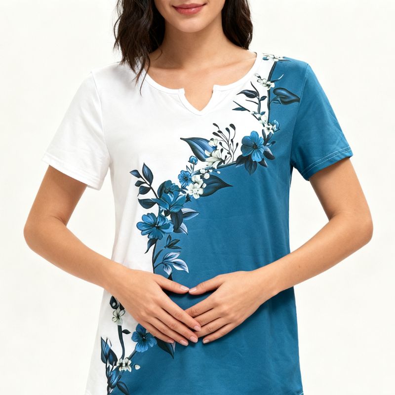 Women's Short Sleeve Notch V-Neck Floral Print Color Block Top - Summer Casual Homewear T-Shirt-CF50256