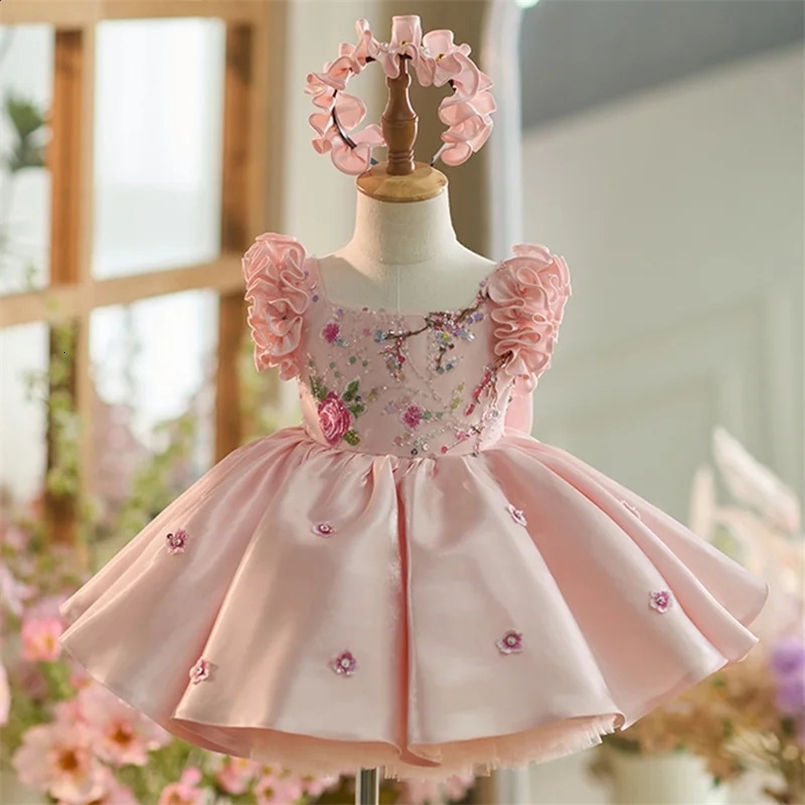 Baby Kids Princess Lace Satin Tulle Flower Girl Dress Children First Communion Dress Ball Gown Wedding Party Dress Birthday 250228