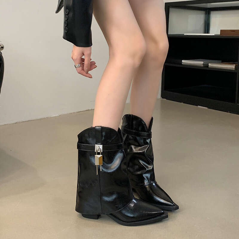 Miting High Pointed Toe Slimming Mid-Calf 2025 Autumn Winter New Lock Buckle Cuff Chunky Heel Fashion Boots for Women