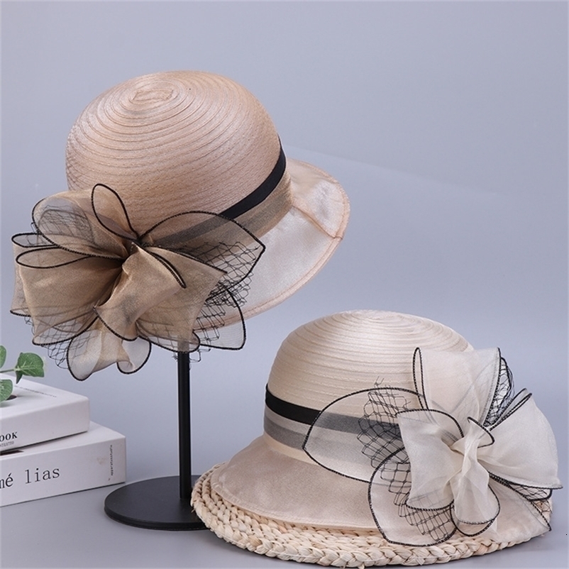 Fashion Ladies Fascinators Millinery Church Hat Elegant Bow Wide Brim Bucket Hats Fedora Women Summer Sun Cap 250314