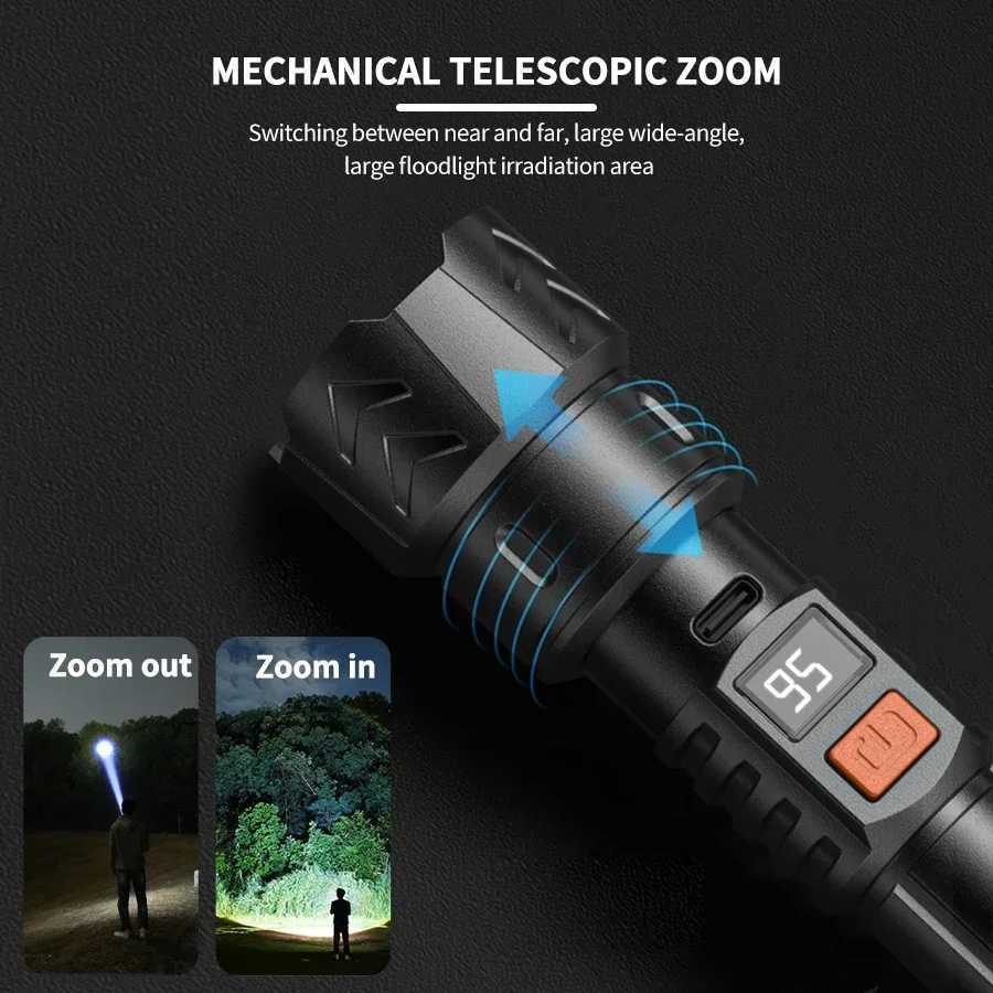High Strong Power Led Flashlights 2000LM Tactical Torch with Display Light USB Charging Camping Fishing Emergency Zoom Lantern D2509281