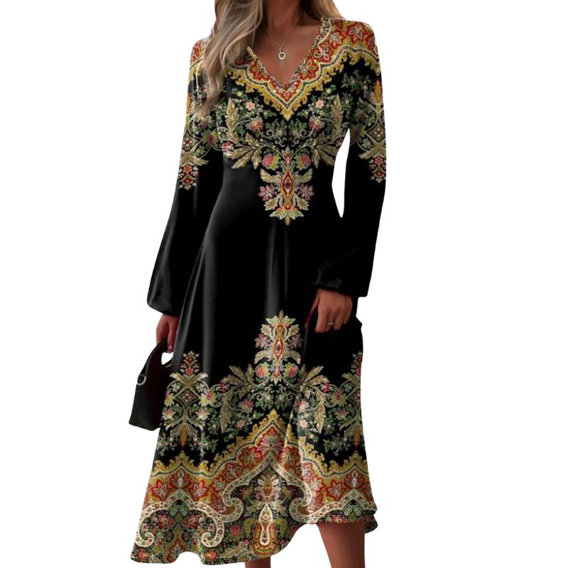 Women's Long Sleeve V-Neck Vintage Paisley Print Midi Dress - Autumn Winter Elegant Office Commute Style-CF40381
